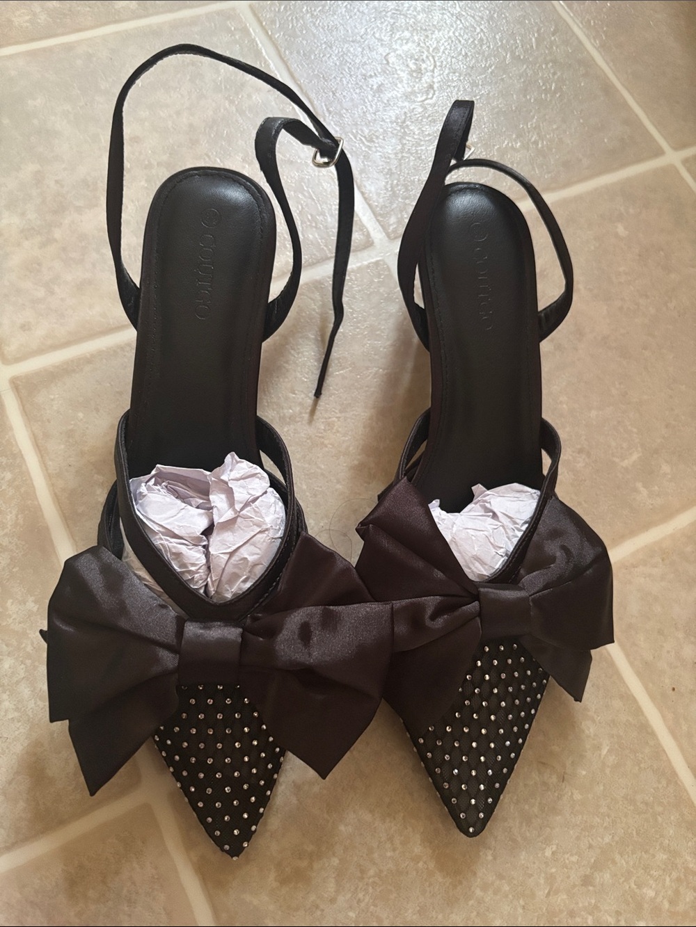 Black Studded Pointed Slingback Heels with Satin Bow